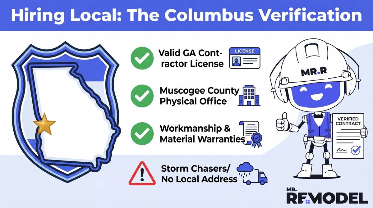 A contractor vetting infographic for Georgia homeowners, emphasizing the need for state licensing and a local physical office to avoid "storm chasers."